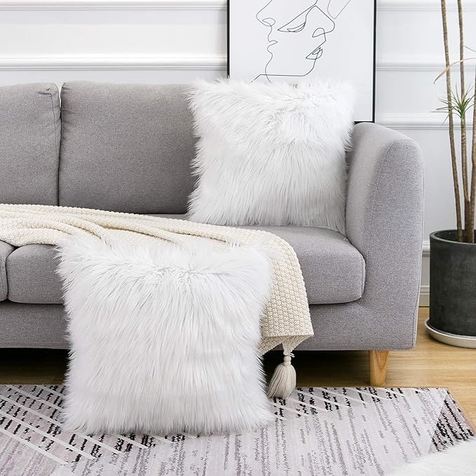 WLNUI Set of 2 White Christmas Decorative Fluffy Pillow Covers New Luxury Series Merino Style Faux Fur Throw Pillow Covers Square Fuzzy Cushion Case for Sofa Bedroom Living Room Home Decor 20x20 Inch