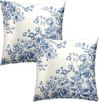 Vintage Chinoiserie Flowers Pillow Covers 18x18 Set of 2, French Country Blue White Floral Leaves Square Throw Pillowcases Cotton Cushion Cover Decor for Couch Sofa Bed Living Room Home Outdoor