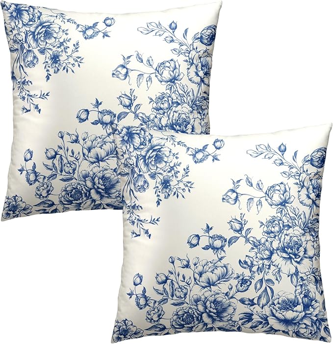 Blue White Flowers Pillow Covers 20x20 Inch, Set of 2 Vintage Floral Chinoiserie Style Decorative Throw Pillowcases Square Cushion Cover for Couch Sofa Bed Farmhouse Home Decor