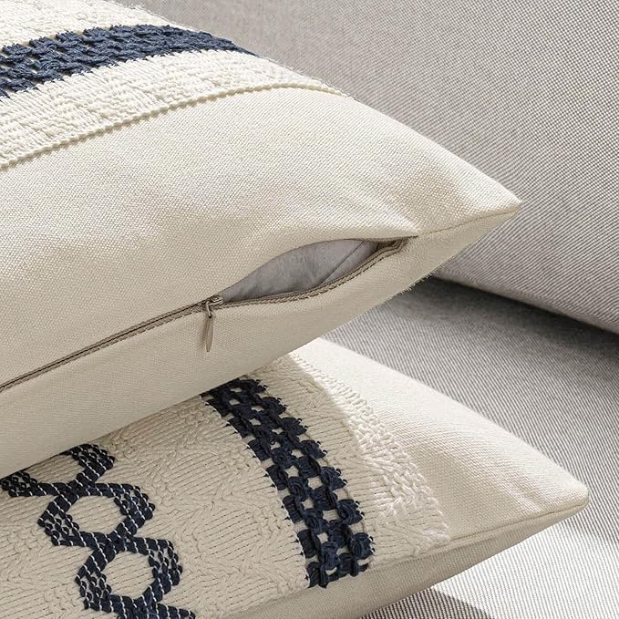 MIULEE Set of 2 Navy Blue Boho Decorative Pillow Covers 20x20 Inch Farmhouse Rustic Couch Throw Pillows Modern Spring Cotton Cushion Covers Retro Cute Macrame Woven Home Decor for Bed Sofa Chair