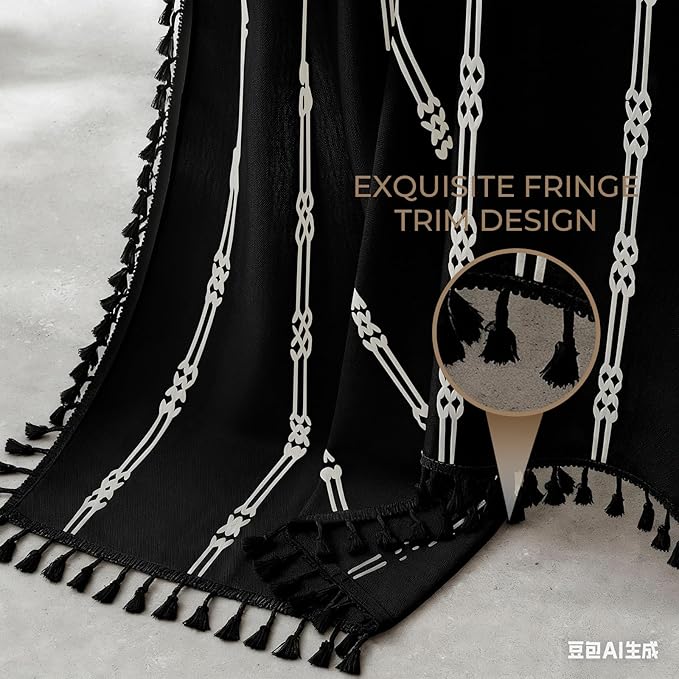downluxe Linen Texture 3 in 1 Farmhouse Shower Curtain Set with Tassel, Boho Fabric Shower Curtains for Bathroom, Black, 72W x 84L