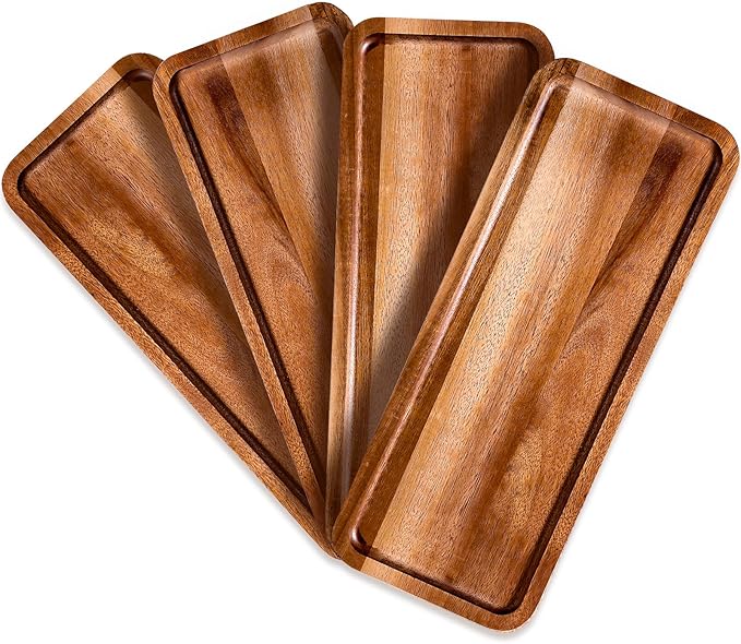 Small Charcuterie Boards Rectangular Long Wooden Platters Acacia Wood Serving Tray 4 Pcs Wooden Tray Kitchen Charcuterie Platter for Food Cookie Dessert Fruit Snack, 14" x 5.5" x 0.6"