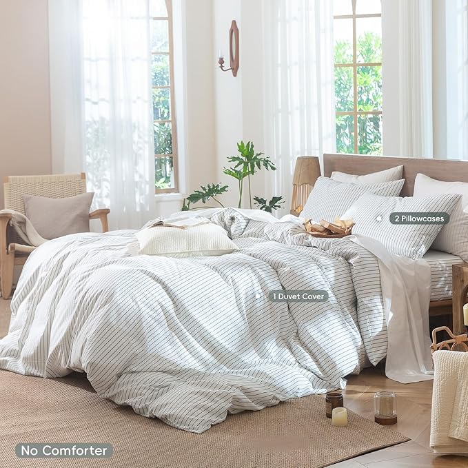 MooMee Striped Duvet Cover Set 100% Washed Cotton Linen Like Textured Breathable Durable Soft Comfy (White Heathered Green Wide Stripes, Palatial King/Oversized King 120"x98")