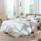 MooMee Striped Duvet Cover Set 100% Washed Cotton Linen Like Textured Breathable Durable Soft Comfy (White Heathered Green Wide Stripes, Queen 90"x90")