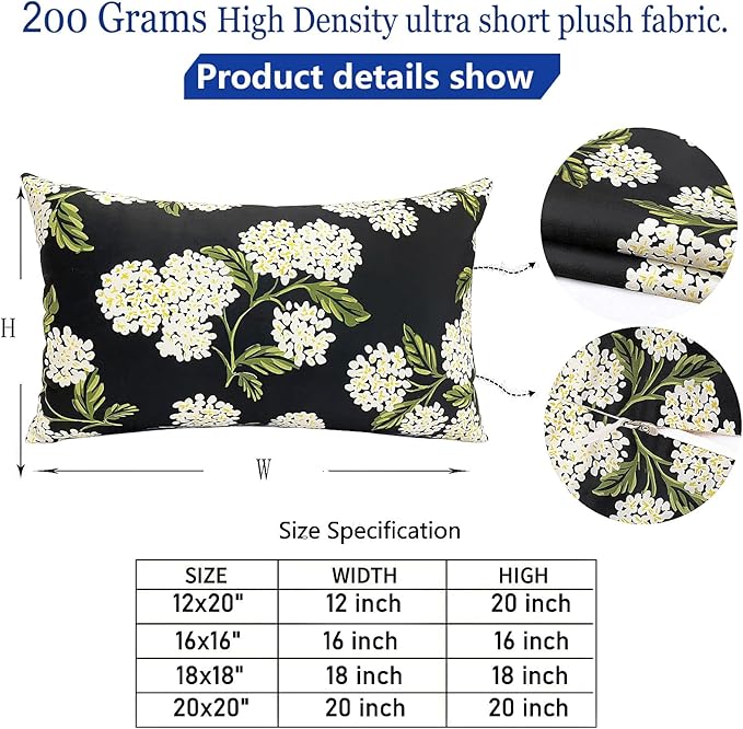Decorative Throw Pillow Covers Set of 2 Black Hydrangea Pillow Covers 12x20 inch Super Soft Short Plush Square Floral Throw Pillows,Farmhouse Outdoor Pillow Covers for Couch Living Room