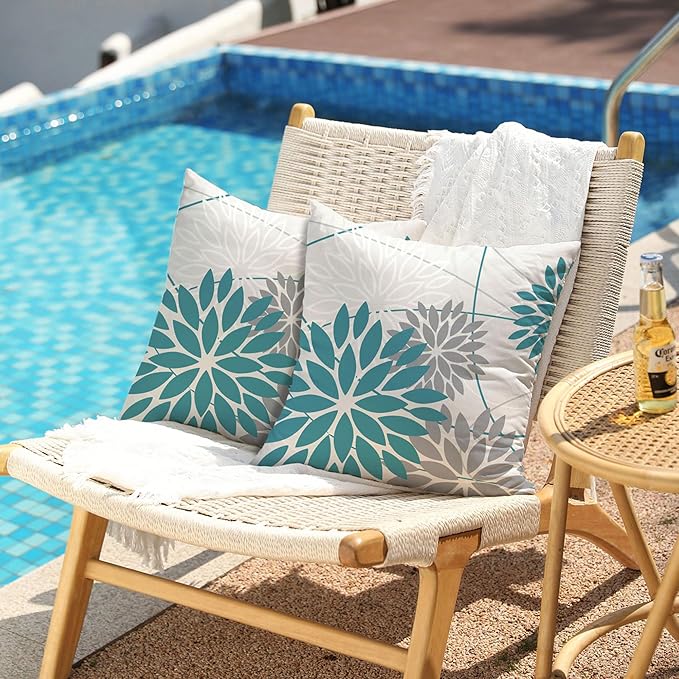 Blue and Grey Floral Pillow Covers 18x18 Set of 2 Outdoor Waterproof Decorative Throw Pillows Summer Pillow Covers Polyester Cushion Case Decor for Couch Patio Funiture Garden Porch 011A18