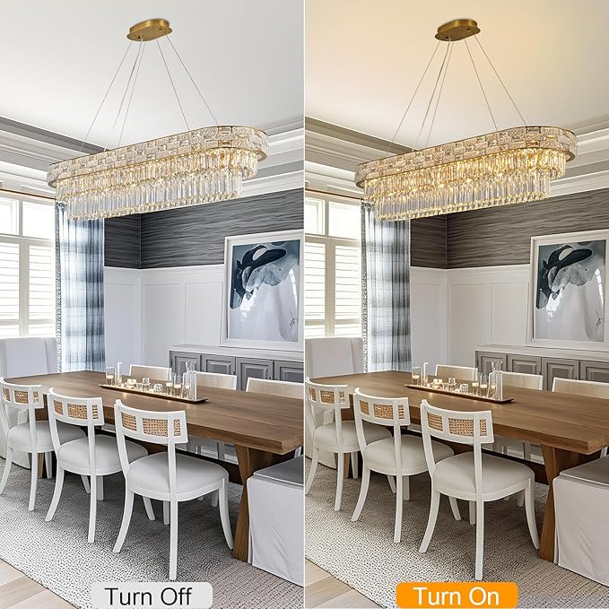 Crystal Chandeliers, 49.2" 18-Light Rectangular Chandelier for Dining Room, Gold Chandelier for Kitchen, Modern Large Chandeliers, Dining Room Light Fixture Island Lights Dimmable