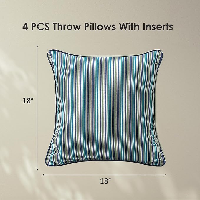 Sunbrella Decorative Outdoor Water Repellent Throw Pillows with Inserts, Set of 4, 18" x18" Pillows for Patio, Backyard, Bed, Couch, and Patio Furniture, Swell Turquoise
