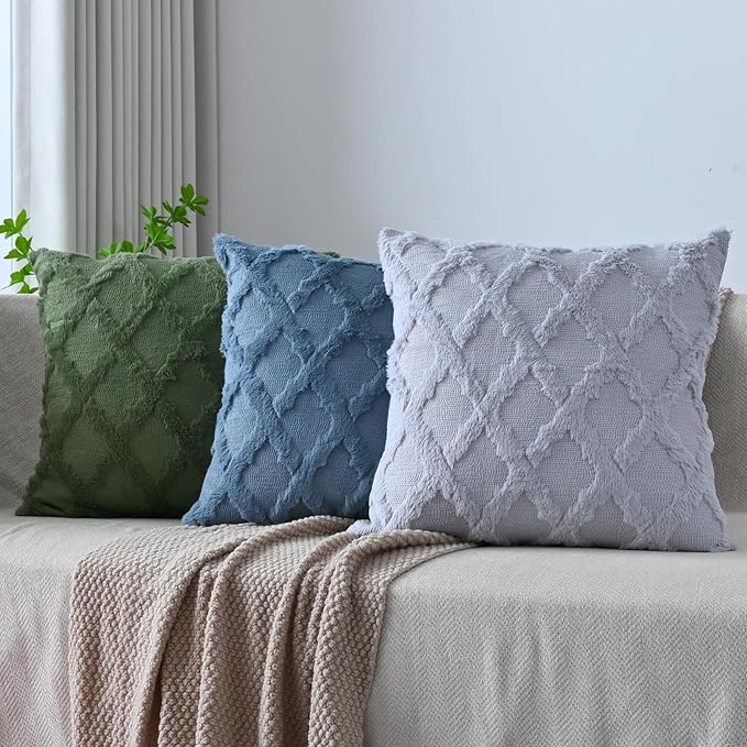Set of 2 Soft Moroccan Throw Pillow Covers 18x18 Inch Plush Boho Decorative Pillow Cover Accent Cushion Case for Couch Sofa Bed, Grey
