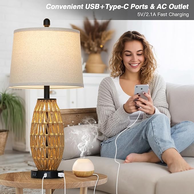 27" Rattan Table Lamps Set of 2, Boho Wicker Lamp with Night Light, Bedside Lamps for Bedroom with USB A+C Charging Port & AC Outlet, Farmhouse Coastal Woven Lamp for Nightstand Living Room