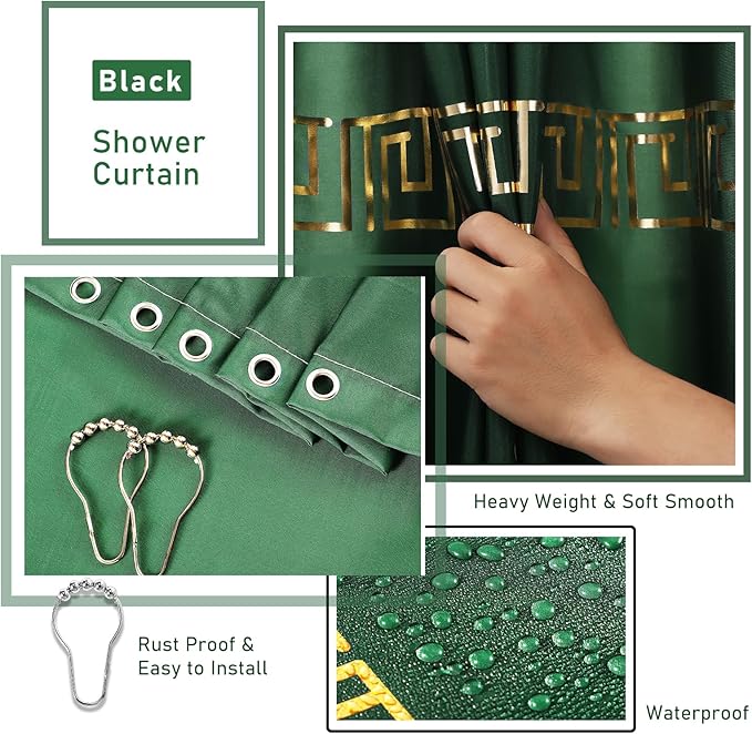 Bathroom Sets with Shower Curtain and Rugs Bathroom Accessories Set Hunter Green Bathroom Set,Soap Dispenser & Toilet Brush Holder Set with Stainless Steel Trash Can