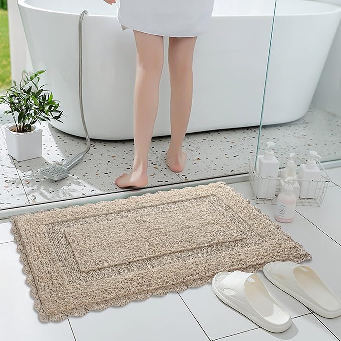 Savi Home Cotton Crochet Bathmat with Antiskid 21x34 Linen, 100% Pure Cotton, Super Soft White, Plush & Absorbent, Hand Tufted Heavy Weight Construction, Full Reversible Step Out Rugs