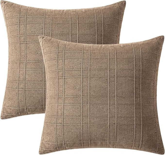 MIULEE Decorative Linen Check Euro Shams Throw Pillow Covers Neutral Farmhouse Vintage Pillow Covers 22x22 Set of 2 Boho Modern Winter Home Decor for Sofa Couch Bedroom Cushion Light Brown
