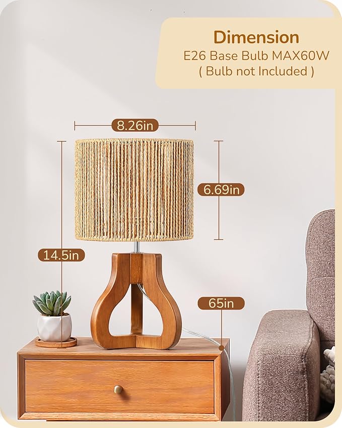 EDISHINE Small Table Lamp, Wood Rattan Nightstand Lamp with ON-Off Switch,E26 Base, Bedside Lamp for Living Room, Bedroom, Bohemian