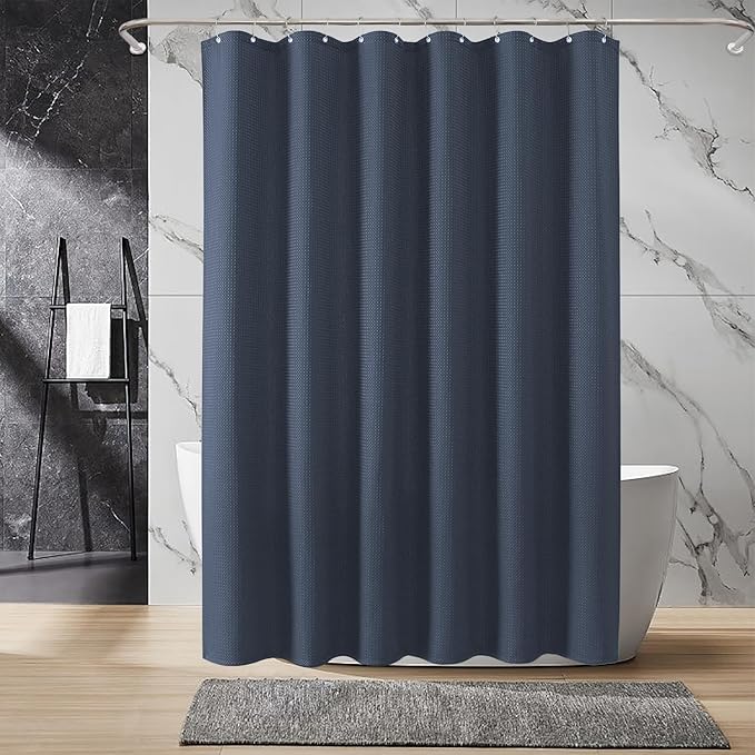 Inhousolu Fabric Shower Curtain Waffle Weave, Navy Blue 230 GSM Heavy Duty, Weighted Hem, 12 Metal Hooks, Water Repellent, Machine Washable, Hotel Spa Luxury Bath Curtain Set, 60 x 72 Inch