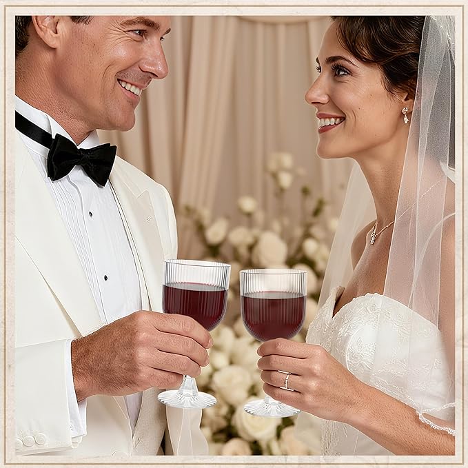 Plastic Wine Glasses 9oz Set of 12, Crystal Clear Ribbed Vintage Goblets Unbreakable Reusable BPA-Free Stemmed Drinking Glasses for Parties, Weddings & Events