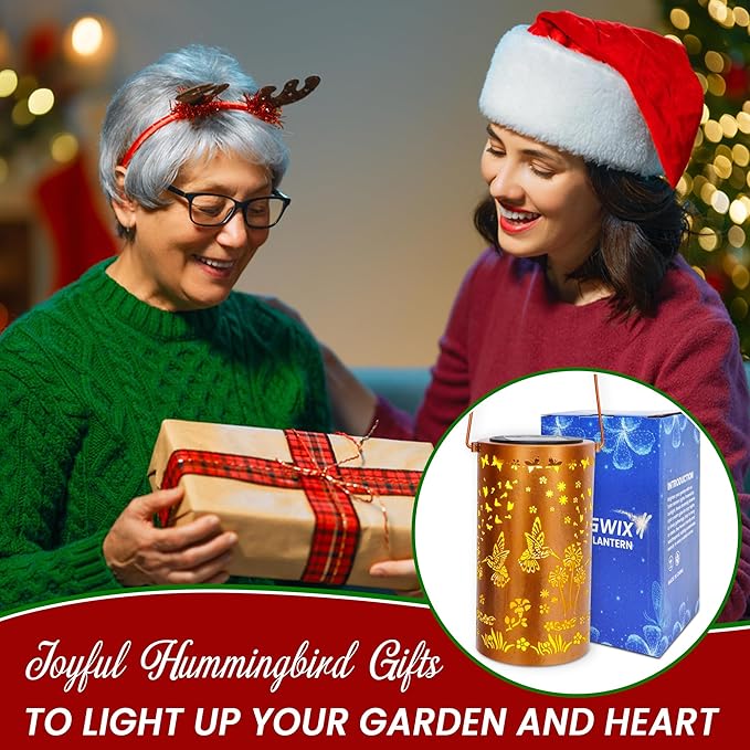 FLAGWIX Christmas Hummingbird Gifts for Women Men - Solar Lanterns Outdoor Waterproof - Garden Decor for Outside, Birthday Gifts for Mom Grandma, Decorative Lantern for Garden Yard Patio Balcony Porch