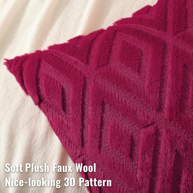 decorUhome Christmas Couch Throw Pillow Covers 16x16 Set of 2, Decorative Soft Plush Faux Wool Neutral Accent Pillow Covers for Bed Sofa Living Room, Burgundy