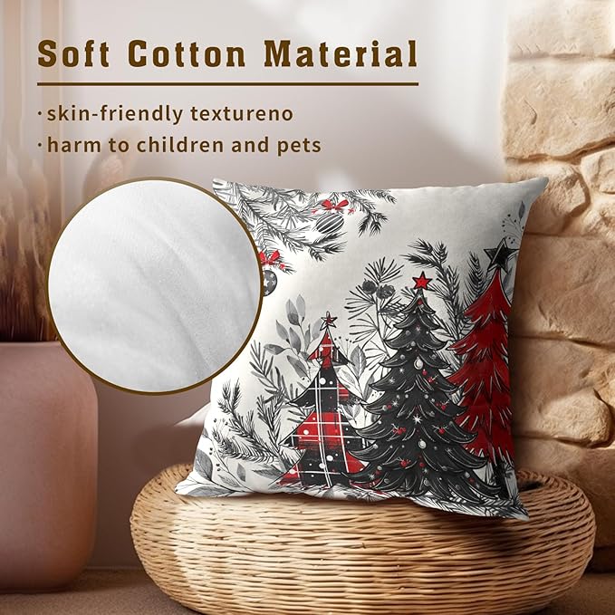 Buffalo Plaid Trees Pillow Covers 22x22 Set of 2, Winter Holiday Pine Berry Bell Xmas Cotton Square Decorative Pillowcases Cushion Cover for Sofa Couch Outdoor Indoor Home Decor