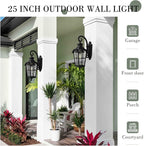Emliviar Farmhouse 25 Inch Outdoor Wall Lantern Sconce, 1-Light Large Patio Wall Light Fixture with Water Grain Glass, Black Finish, WE215BM BK