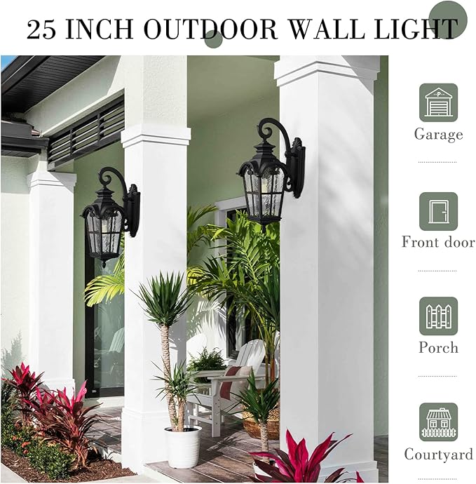 Emliviar Farmhouse 25 Inch Outdoor Wall Lantern Sconce, 1-Light Large Patio Wall Light Fixture with Water Grain Glass, Black Finish, WE215BM BK