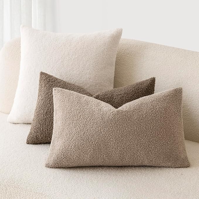 Foindtower Pack of 2, Curly Faux Fur Decorative Throw Pillow Covers Soft Neutral Plush Cushion Case with Zipper Cozy Fluffy Pillowcase for Home Living Room Couch Bedroom Bed Sofa 12 x 20 Inch, Beige