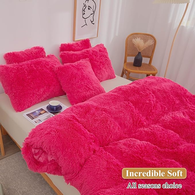 XeGe Faux Fur Throw Pillow Covers, Luxury Fluffy Plush Hot Pink Pillow Shams, Shaggy Furry Decorative Pillow Fuzzy Cushion Cover for Sofa Bed Couch, Zipper Closure, Pack of 2(18''x18'', Hot Pink)