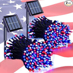 JMEXSUSS 2 Pack Red White and Blue Solar Lights, 200LED 75.5ft Patriot Solar String Lights Outdoor Waterproof, 8 Modes 4th of July Light for Independence Day Patio Garden Tree Decorations