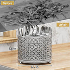 Rotating Utensil Holder for Kitchen - Silverware Caddy Fast-Drying Flatware Organizer 4 Compartment Large Cutlery Holder Utensils Caddy with Handle For Kitchen Countertop Party Picnic Table Silver