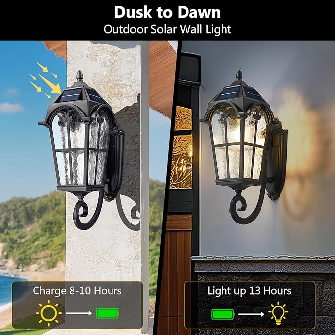 Emliviar Exterior LED Solar Wall Sconce with Remote Control, 24'' Front Door Wall Lantern with Water Grain Glass Shade, Waterproof Solar Black Wall Light with E26 Bulb, YXE302MB-SL BK