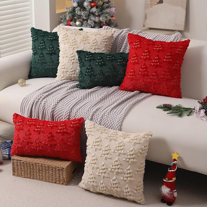 Christmas Pillow Covers 18x18 inch Set of 2 Soft Plush Faux Fur Christmas Decor Green Xmax Tree Yellow Colored Lights Decoration Throw Pillow Case for Winter Holiday Sofa Living Room PT003A18