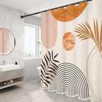Boho Mid Century Leaf Shower Curtain Set,Arch Sun Design,Minimalistic Leaves Pattern,Waterproof and Luxurious Fabric-12 Hooks(Orange-72" x 72")