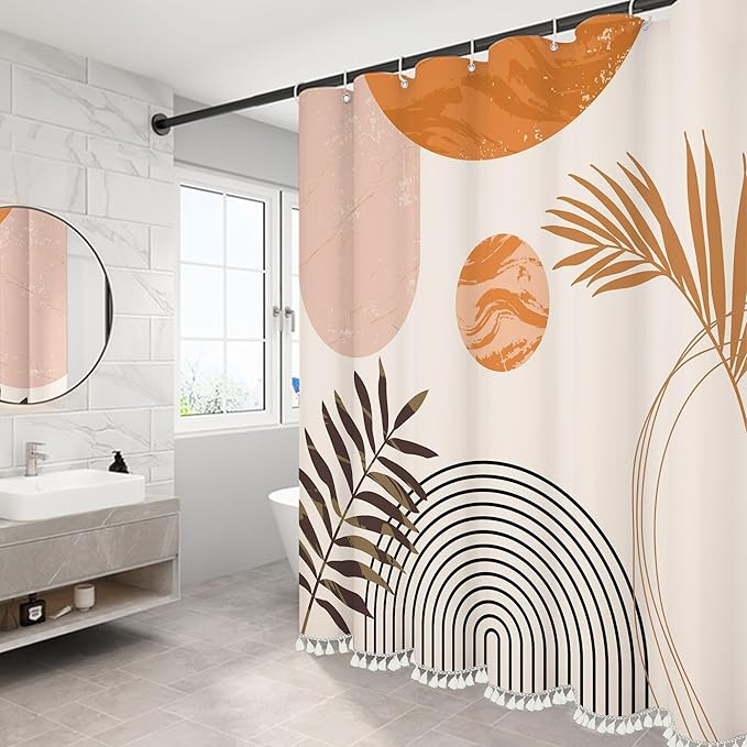Boho Mid Century Leaf Shower Curtain Set,Arch Sun Design,Minimalistic Leaves Pattern,Waterproof and Luxurious Fabric-12 Hooks(Orange-72" x 96")