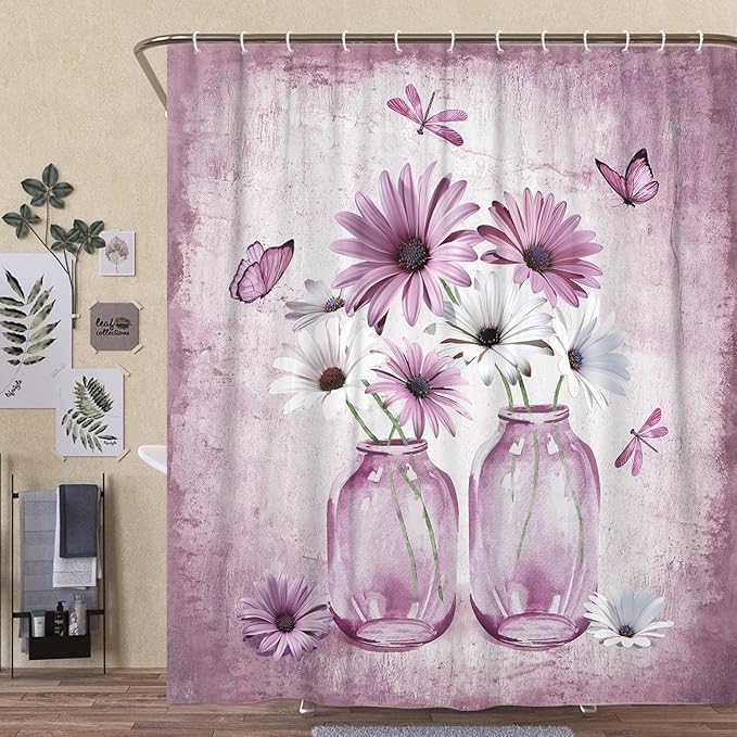 Rustic Farmhouse Pink Floral Shower Curtain, Light Blue Daisy Flowers Butterfly Dragonfly on Abstract Aesthetic Country Wooden Boho Shower Curtain Set, White Bathroom Accessory Sets with Hooks, 70X84