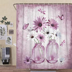 Rustic Farmhouse Pink Floral Shower Curtain, Light Blue Daisy Flowers Butterfly Dragonfly on Abstract Aesthetic Country Wooden Boho Shower Curtain Set, White Bathroom Accessory Sets with Hooks, 70X75