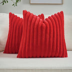 FUTEI Red Striped Decorative Throw Pillow Covers 18x18 Inch Set of 2,Square Winter Decorations Couch Pillow Case,Soft Cozy Faux Rabbit Fur & Velvet Back,Modern Home Decor for Bed