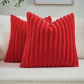 FUTEI Red Striped Decorative Throw Pillow Covers 14x14 Inch Set of 2,Square Winter Decorations Couch Pillow Case,Soft Cozy Faux Rabbit Fur & Velvet Back,Modern Home Decor for Bed