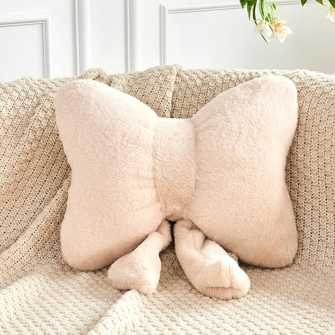 Beige Bow Pillow, Soft Bow Decorative Pillows with Faux Rabbit Fur, Cute 12" Bow Throw Pillows, Aesthetic Home Decor Bow Shaped Plush Pillow for Bedroom Sofa Couch