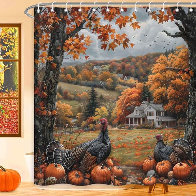 Fall Shower Curtains for Bathroom, Autumn Rustic Farmhouse Turkey Vintage Pumpkin Harvest Thanksgiving Day Fabric Shower Curtain Set, 72X72 Inch