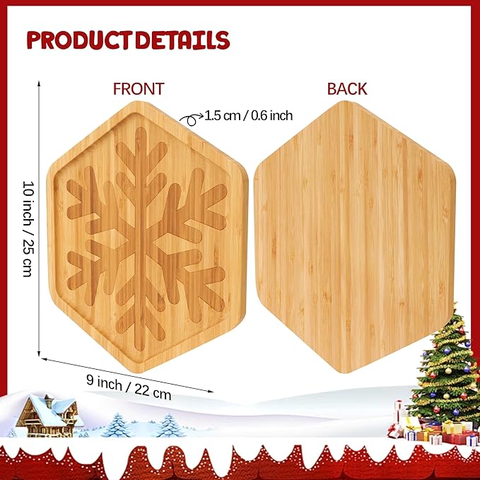 TJ POP Christmas Hexagonal Bamboo Serving Tray with Laser-Carved Snowflake Design - Natural Wooden Food Tray Serving Platter for Holiday Snacks, Drinks, Festive Kitchen Dining Decor (10” x 9”)