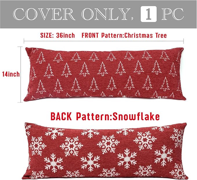 Reversible Christmas Pillow Covers 14x36, Chenille Double-Sided Snowflake & Tree, Cozy Farmhouse Holiday Throw Pillowcases with Hidden Zipper for Sofa, Couch and Bed(Red,36x14)