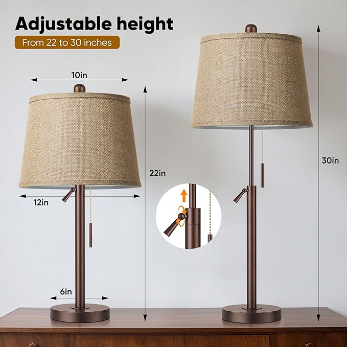 PARTPHONER Bedside Lamps Set of 2, Modern Table Lamps for Living Room, Height Adjustable Nightstand Lamps for Bedroom Office, End Table Lamps with Pull Chain(LED Bulbs Included), Oil Rubbed Bronze