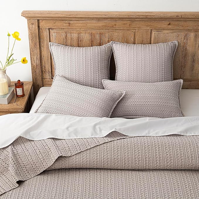 Foindtower Set of 2 Decorative Cotton Waffle Weave Throw Pillow Covers Euro Shams Cushion Covers Accent European Pillowcase for Bed Couch Sofa Bedroom Living Room Home Decor 18×18 Inch Tan Beige