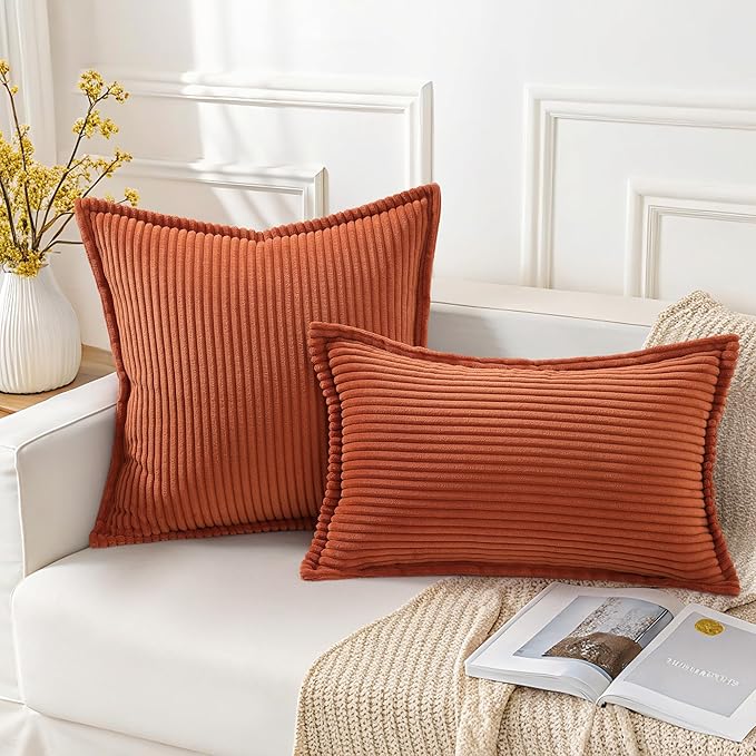 Mecatny Corduroy Fall Throw Pillow Covers 20x20 Set of 2, Neutral Decorative Soft Burnt Orange Boho Couch Pillow Covers with Broadside for Sofa Living Room, Rust