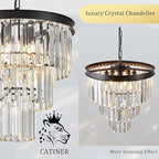 Modern Crystal Chandeliers 16" Small Black Pendant Light Luxury 3 Tiers K9 Crystal Ceiling Pendant Round Light Fixture 6-Light for Dining Room Entryway Kitchen Bedroom Closet