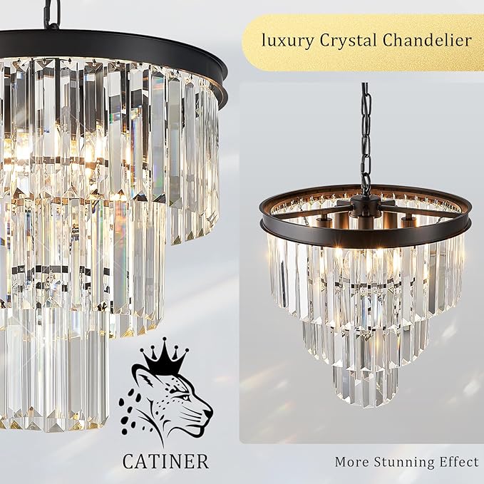 Modern Crystal Chandeliers 16" Small Black Pendant Light Luxury 3 Tiers K9 Crystal Ceiling Pendant Round Light Fixture 6-Light for Dining Room Entryway Kitchen Bedroom Closet