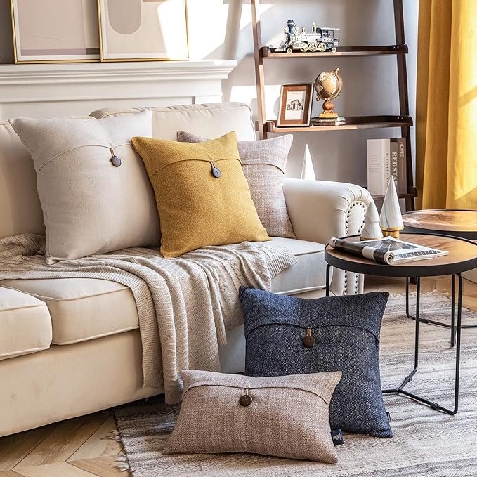 Phantoscope Pack of 2 Farmhouse Throw Pillow Covers Button Vintage Linen Solid Decorative Pillow Cover for Couch Bed and Chair Light Grey 22 x 22 inches 55 x 55 cm