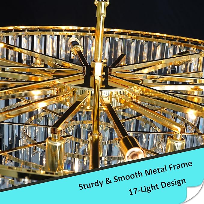 Gold Crystal Chandelier for Dining Room, 40" Modern Round Luxury Chandeliers 7-Tier 17 Lights Large Adjustable Height Ceiling Hanging Pendant Light Fixture for Living Room Bedroom Foyer