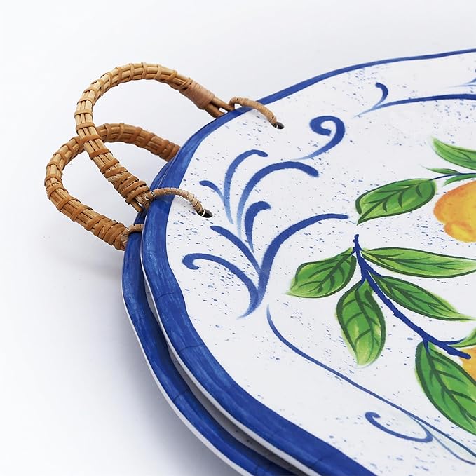TP 19" Large Serving Tray with Rattan Handle, Melamine Round Serving Platters, Decorative Trays for Kitchen, Parties, Entertaining, Set of 2