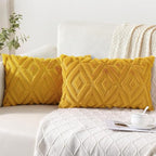 Pallene Mustard Yellow Throw Pillow Covers 12x20 Set of 2, Soft Plush Faux Fur Decorative Lumbar Couch Pillow Covers for Sofa Bed Living Room Pillow Cases with 3D Diamond Pattern